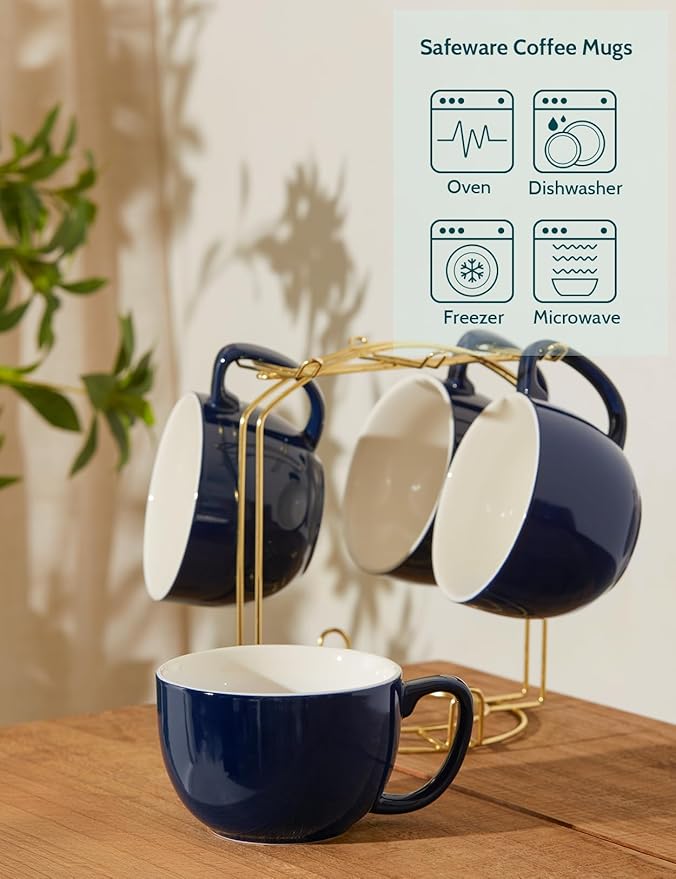 Teocera 16oz Large Coffee Mugs Set of 4 - Thick White Porcelain Cups for Cappuccino, Latte, Tea & Hot Chocolate - Dishwasher Safe Ceramic with Comfort Grip Handles（Navy