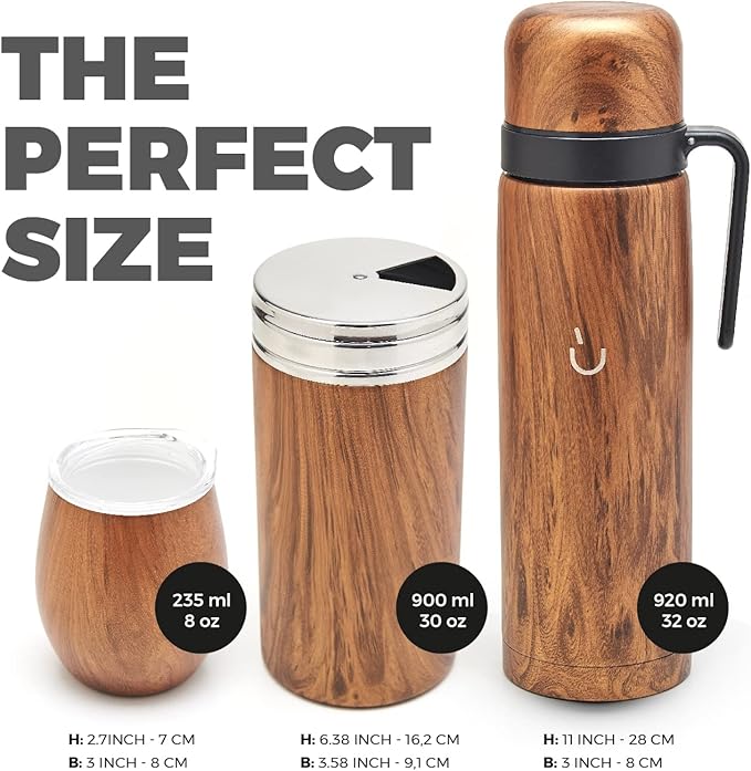 BALIBETOV Complete Yerba Mate Set - Modern Mate Gourd, Thermal Flask, Yerba Container, Bombilla and Cleaning Brush Included - All Premium Quality 304 18/8 Stainless Steel