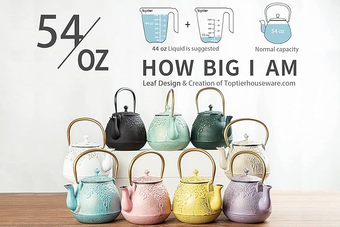 Toptier Tea Kettle for Stove Top, Cast Iron Teapot Stovetop Safe with Infusers for Loose Tea, 54 oz, Black