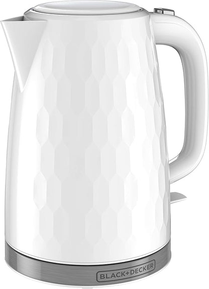 BLACK+DECKER 1.7L Cordless Electric Kettle, KE1560W, Premium Texture, Water Window, Rapid Boil, Auto Shutoff, White