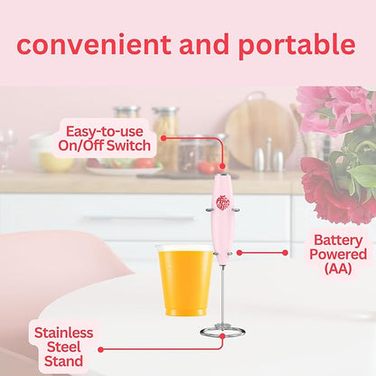 Milk Frother Handheld, Electric Drink Mixer for Coffee, Lattes, Powdered Supplements, Battery Operated (AA) Stainless Steel Frother Wand, 300W, Easy On/Off Switch, Stand Included, Pink