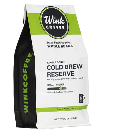 Wink Coffee Medium Dark Roast, Large 2.2lb bag, Low Acid Whole Bean Coffee, 'Cold Brew Reserve', Single Origin Colombian Arabica Beans, Smooth, Sustainably Sourced