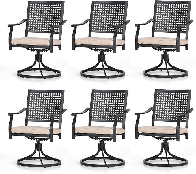 PHI VILLA Patio Swivel Dining Chairs Set of 6, Outdoor Kitchen Garden Metal Chair with Cushions, Patio Furniture Chair with Armrest, Black Frame