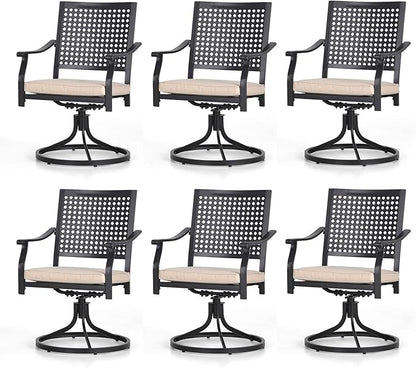 PHI VILLA Patio Swivel Dining Chairs Set of 6, Outdoor Kitchen Garden Metal Chair with Cushions, Patio Furniture Chair with Armrest, Black Frame