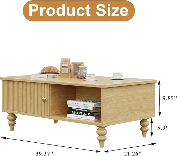 Mid-Century Modern Wooden Coffee Table with Storage, Slatted Door, Solid Wood Legs, Retro Coffee Table with Open Shelf for Home & Office & Lounge, Nature Oak
