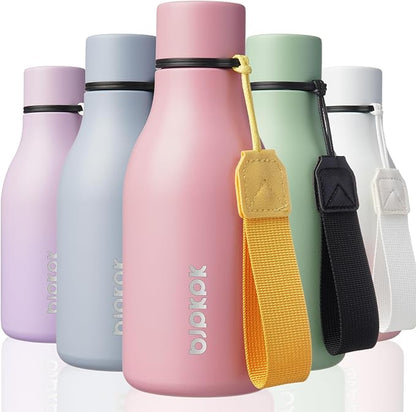 BJPKPK Insulated Water Bottles, 12oz Stainless Steel Metal Water Bottle with Strap, BPA Free Leak Proof Jugs, Mugs, Flasks, Reusable Thermal Flasks for Sports & Travel, Light Pink
