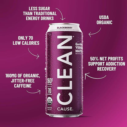 CLEAN Cause Low Calorie Blackberry USDA Organic Sparkling Yerba Mate Tea (16oz cans, 12-Pack Case) Low Sugar, 160mg Caffeine, Healthy Alternative to Soda & Energy Drinks.