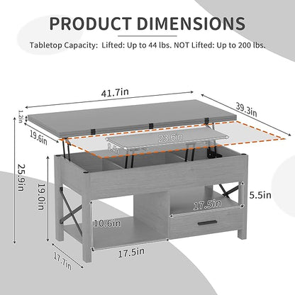 Lift Top Coffee Table with Storage, Convertible Coffee Table Converts to Dining Table, Center Table with Drawer and Hidden Compartment, Farmhouse Coffee Tables with Lifting Top for Living Room, Grey