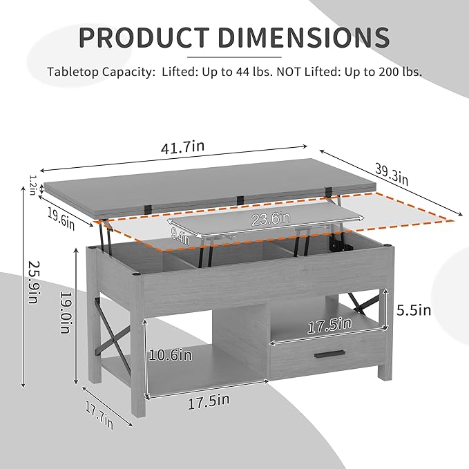 Lift Top Coffee Table with Storage, Convertible Coffee Table Converts to Dining Table, Center Table with Drawer and Hidden Compartment, Farmhouse Coffee Tables with Lifting Top for Living Room, Grey