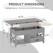 Lift Top Coffee Table with Storage, Convertible Coffee Table Converts to Dining Table, Center Table with Drawer and Hidden Compartment, Farmhouse Coffee Tables with Lifting Top for Living Room, Grey