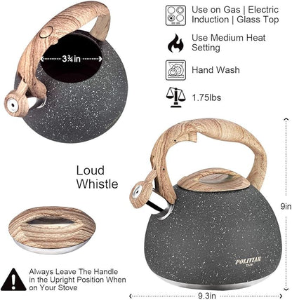POLIVIAR Tea Kettle, 2.7 Quart Natural Stone Finish with Wood Pattern Handle Loud Whistle Food Grade Stainless Steel Teapot, Anti-Hot Handle and Anti-Rust, Suitable for All Heat Sources (JX2018-GR20)