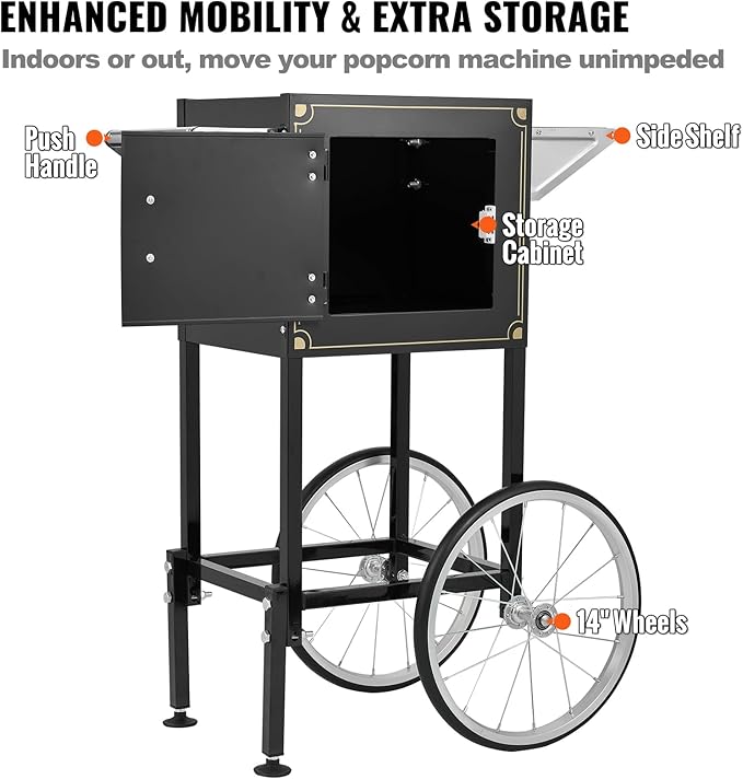 VEVOR Popcorn Maker with Cart, 850W Popcorn Popper Machine, 8 Oz Kettle Makes 48 Cups per Batch, Popcorn Maker Equipped with Tempered Glass, Includes 4 Scoops, Movie Theater Style, Black