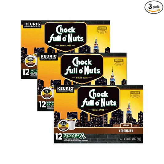 Chock Full o'Nuts Colombian Coffee, Compatible with K-Cup Pods, 12 CT (Pack of 3)