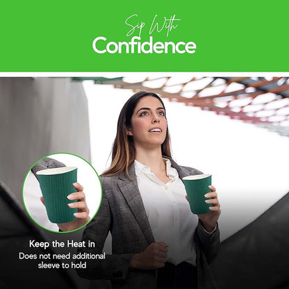 Restaurantware-12 Ounce Disposable Coffee Cups, 500 Ripple Wall Hot Cups For Coffee - Lids Sold Separately, Rolled Rim, Forest Green Paper Insulated Coffee Cups, For Hot Coffee, Tea, And More