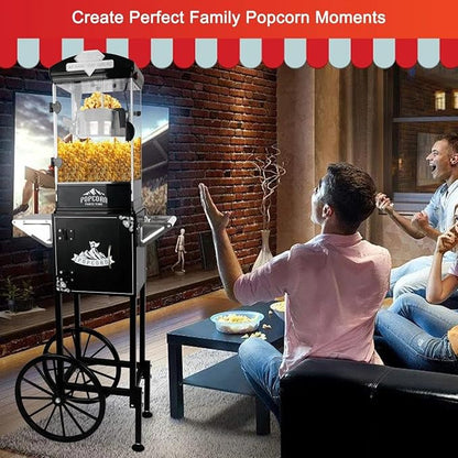 Portable Popcorn Machine with Cart & Wheels, 10 Oz Commercial Popcorn Maker with Kettle, Includes 3 Measuring Spoons for Home Theater, Parties, Events