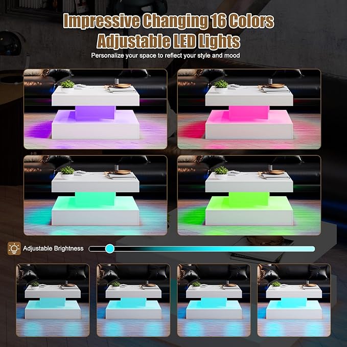 White LED Coffee Table for Living Room, Living Room Table 2-Tier Square Middle Center Table, Modern Coffee Tables with Storage, Wood Tea Tables for Dining Reception, Skin Feeling