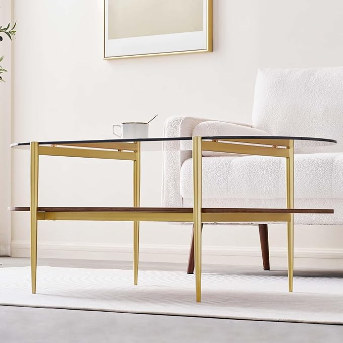 Oval Glass Coffee Table, Mid-Century Modern Design, L41 x W21 x H17 inch, for Living Room, 2-Tier Structure, Amber Glass Top and Walnut Finish Wood Shelf, Conical Legs with Gold Finish Frame