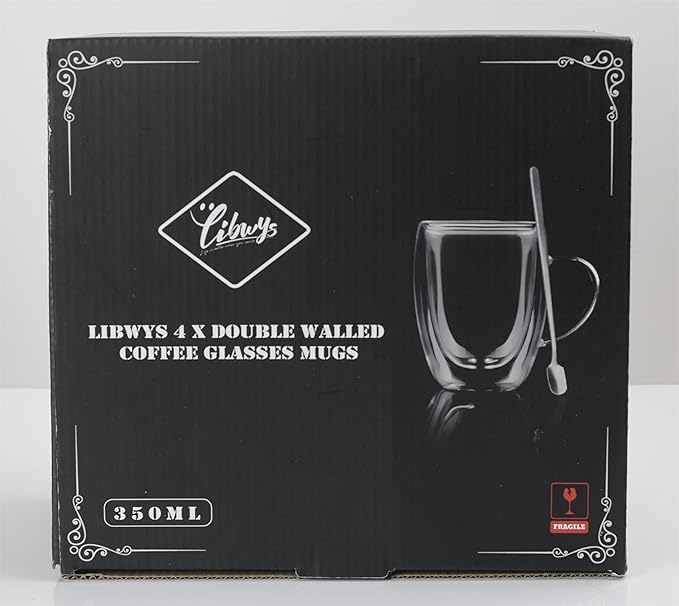LIBWYS 4 Pack Double Walled Coffee Cups Glasses Mugs 12oz, Espresso Cappuccino Latte Tea Cups with Handle, Heat Resistant Borosilicate Clear Glasses 350ml