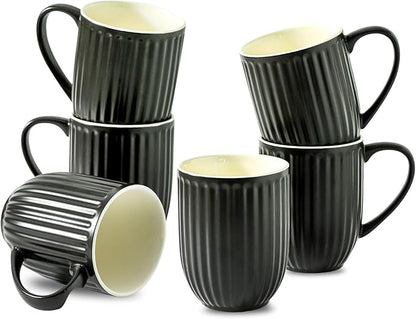 Hasense Coffee Mugs Set of 6, 16 Oz Large Ceramic Ribbed Latte Cups with Big Handle for Coffee, Tea and Cocoa, Modern Design & Light Weight, Microwave & Dishwasher Safe, Black