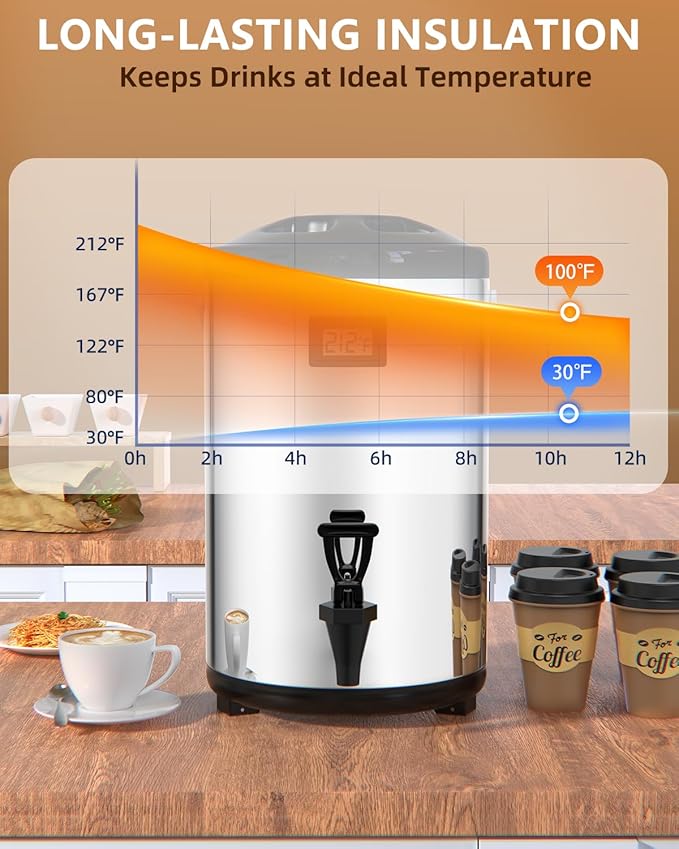 Insulated Beverage Dispenser 3 Gallon, Hot Water Dispenser with Stainless Steel Interior, Large Carafe Hot Coffee Dispenser for Parties, Catering, Drink Dispenser for Tea Milk, Silver, Non-electric