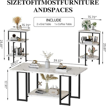 Lamerge Coffee Table Set of 3,Rectangle Coffee Table&2 Accent Table,Faux Marble Tabletop,3 Piece Living Room Table Sets with Multi Tier Storage, for Small Space, Apartment,White & Black