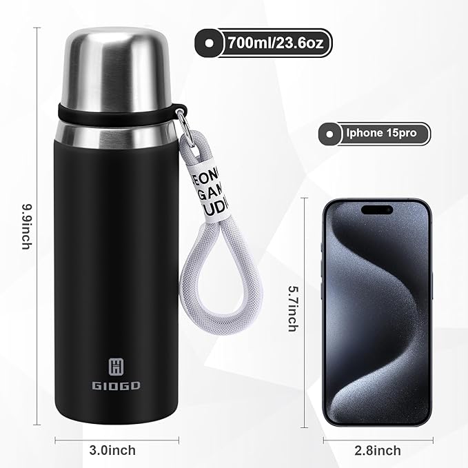 Stainless Steel thermo Bottles with cup 700ml/23.7oz Vacuum Insulated Bottle for hot and cold coffee drink water thermo flask with cup.(Black,700ml)
