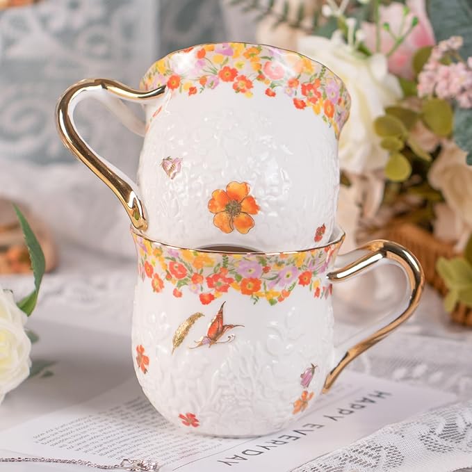 KAMMAK Coffee Mugs Ceramic Espresso Cups 16oz Porcelain Tea Cups Set of 2 Large Cappuccino Mugs with Handle Demitasse Mug for Hot Cocoa, Latte, Breakfast Cereal, Americano (Flower)