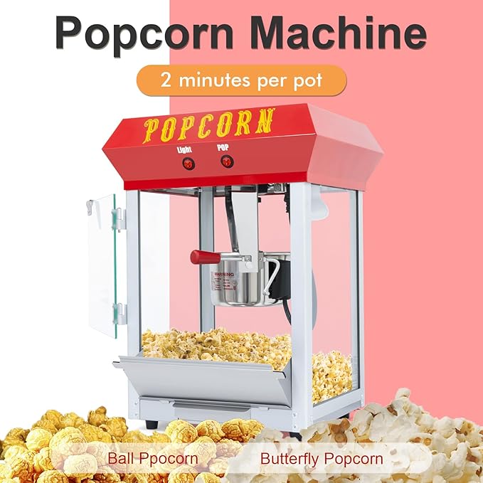 6OZ Popcorn Machine 丨 Stainless Steel Kettle Popcorn Maker for Home, Theater, Parties丨Grade Electric Popper, Red