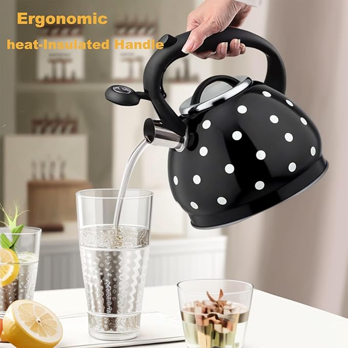 Tea Kettle Stovetop, Whistling Teapot 304 Stainless Steel 3.2 Quart Teakettle, Polka Dot Teapots for Stove Top, Whistle Tea Pot with Cool Touch Ergonomic Handle (Black/White, 3.2 Quarts)