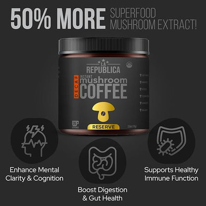 La Republica Founders Reserve Decaf Instant Mushroom Coffee Organic (35 Servings), Premium 50% More Shrooms, Rich Flavor