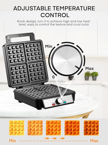 1200W Belgian Waffle Maker 4-Slice, Stainless Steel, 5 Browning Levels, Non-Stick Surfaces, Silver/Black, FOHERE - Perfect for Family Breakfasts (Black)