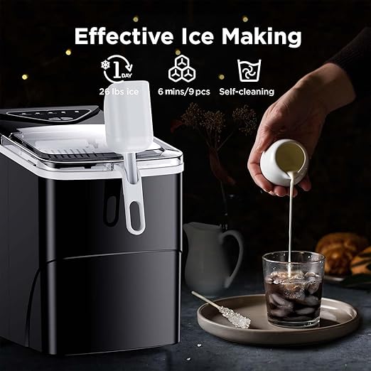 Silonn Ice Maker Countertop, 9 Cubes Ready in 6 Mins, 26lbs in 24Hrs, Self-Cleaning Ice Machine with Ice Scoop and Basket, 2 Sizes of Bullet Ice for Home Kitchen Office Bar Party