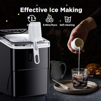 Silonn Ice Maker Countertop, 9 Cubes Ready in 6 Mins, 26lbs in 24Hrs, Self-Cleaning Ice Machine with Ice Scoop and Basket, 2 Sizes of Bullet Ice for Home Kitchen Office Bar Party