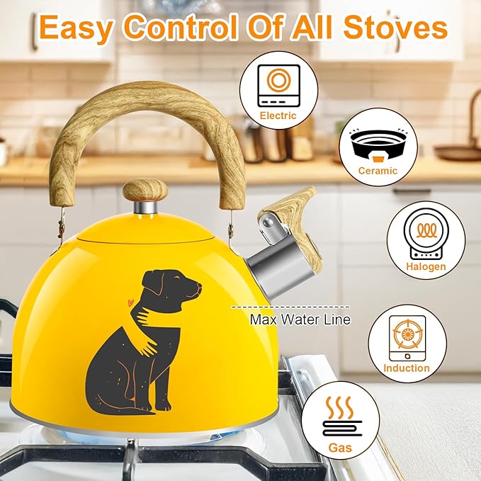 ARC Stainless Steel 2-Quart Whistling Yellow Tea Kettle with Magic Color Changing Design, Stovetop Teapot With Folding Cup & Trivet Mat