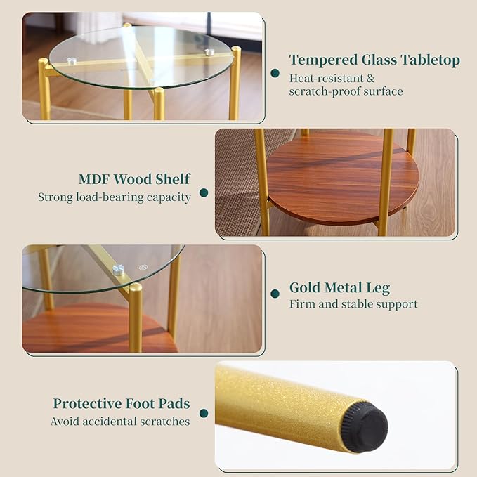 Small Round Glass Coffee Tables for Living Room, Mid Century Side Table with Clear Glass Top, Solid Brown Storage Shelf and Sturable Gold Legs for Small Space, Office, Department