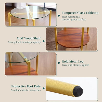 Small Round Glass Coffee Tables for Living Room, Mid Century Side Table with Clear Glass Top, Solid Brown Storage Shelf and Sturable Gold Legs for Small Space, Office, Department