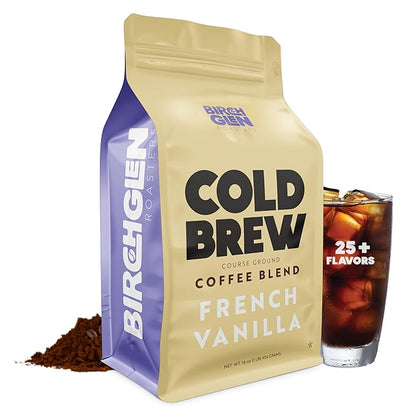 Birch Glen Roasters Cold Brew Coffee | Flavored Coarse Ground Coffee | Medium Roast | Artisanal Roasting | 100% Arabica |1 LB Bag | French Vanilla