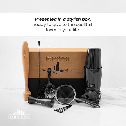A Bar Above 14-Piece Matte Black Bartender Kit, Modern Bar Tool Set for Home Mixologists and Pros, Includes Black Stainless Steel Cocktail Shaker, Jigger, Strainers, Spoon, Picks, and Bar Accessories