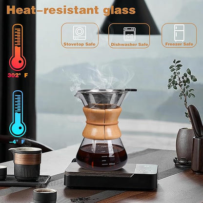 Pour Over Coffee Maker with Reusable Stainless Steel Drip Filter, Lead-Free Borosilicate Glass Coffee Carafe with Modern Wooden Collar for 1-4Cup, Circular Clear (600ml/20oz)