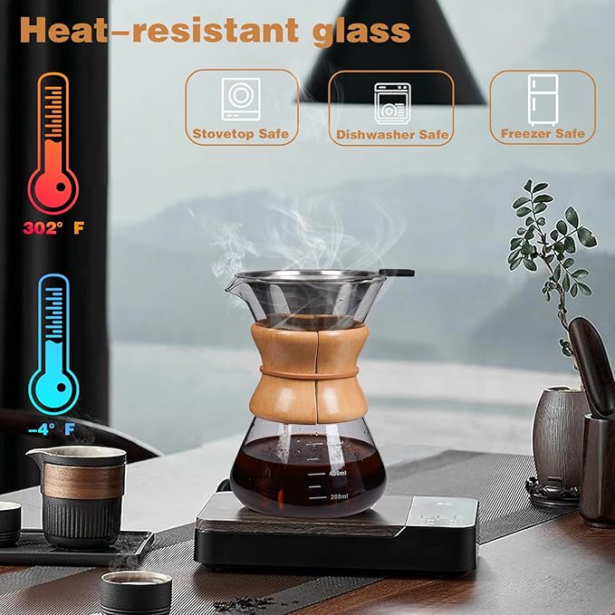 Pour Over Coffee Maker with Reusable Stainless Steel Drip Filter, Lead-Free Borosilicate Glass Coffee Carafe with Modern Wooden Collar for 1-4Cup, Circular Clear (600ml/20oz)