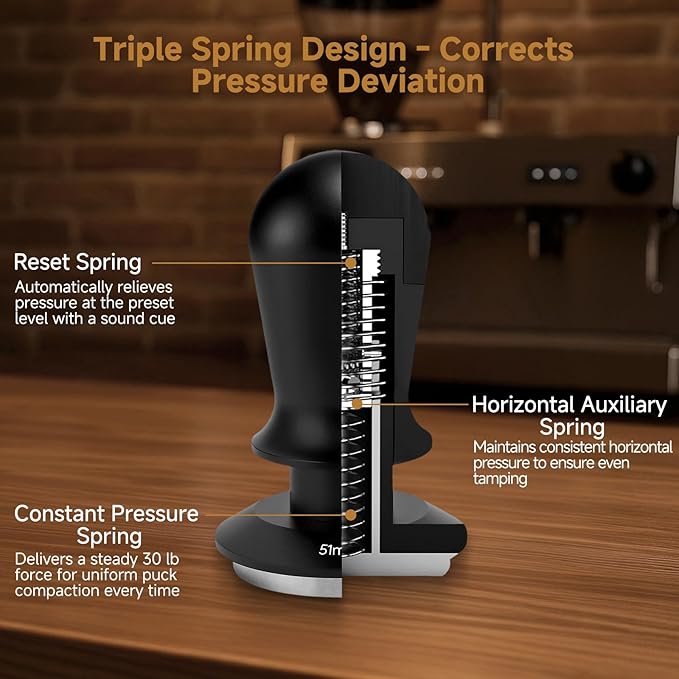 Coffee Tamper 58.35mm - with Sound Feedback 30lb Spring-Loaded Tamper Barista Espresso Tamper Anti-Tilt Base, Ergonomic Handle, 304 Stainless Steel