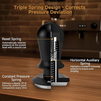 Coffee Tamper 51mm - with Sound Feedback 30lb Spring-Loaded Tamper Barista Espresso Tamper Anti-Tilt Base, Ergonomic Handle, 304 Stainless Steel