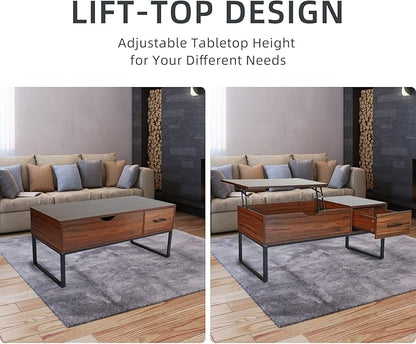 CLATINA Lift Top Coffee Table with Drawer and Hidden Compartment, Pop Up Coffee Table for Living Room, 41.7in Mid Century Modern Wood Coffee Table, Rustic Brown