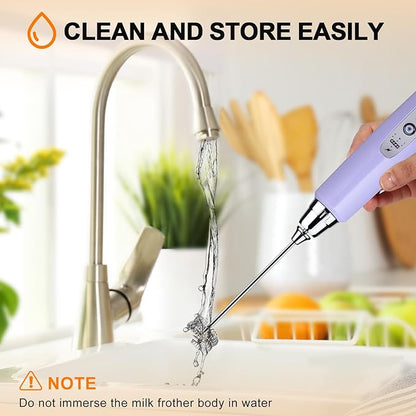 YUSWKO Light Purple Rechargeable Milk Frother for Coffee with Stand, Handheld Drink Mixer with 3 Heads 3 Speeds Electric Stirrers for Latte, Cappuccino, Hot Chocolate, Egg