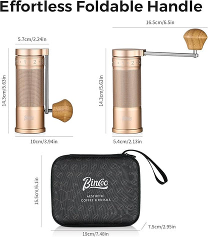 Bincoo Manual Coffee Grinder with Foldable Handle– External Setting Hand Coffee Grinder with Steel Burr,Compact and Portable for Home/Travel/Camping(Champagne)