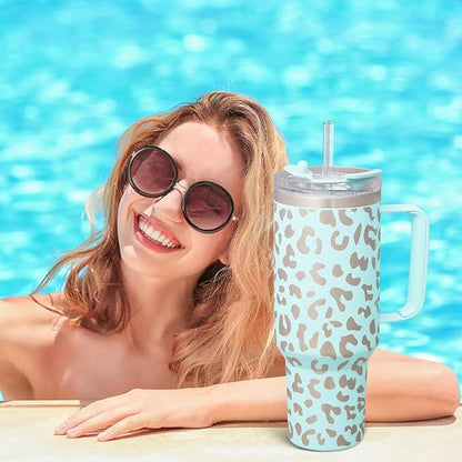 COKTIK 40 oz Tumbler With Handle and Straw Lid, Vacuum Insulated Travel Coffee Mug Stainless Steel Insulated Cup for Beverages, Leak-proof, Cupholder Friendly (Seafoam Leopard)
