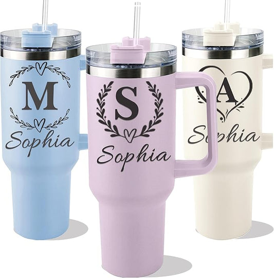 Ships Next Day,Birth Flower 40 Oz Tumbler with Handle and Straw, Personalized Tumbler with Name Insulated Cup Reusable Stainless Steel Water Bottle Travel Mug Christmas Birthday Gifts for Women