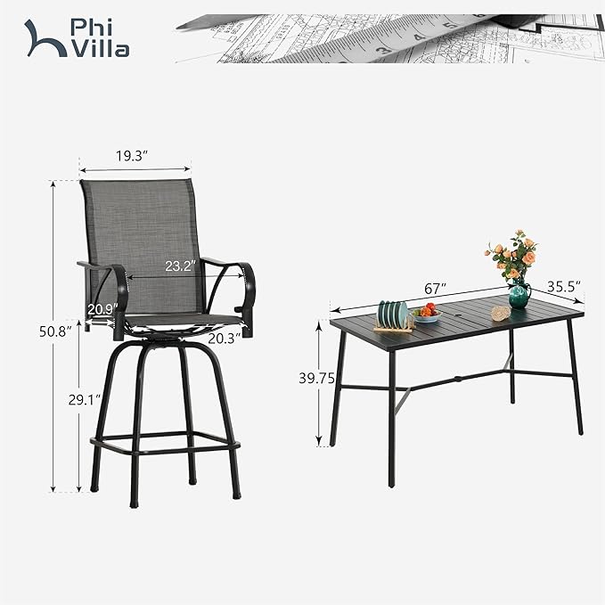 PHI VILLA 7 Piece Outoor Bar Dining Set, High Top Patio Bar Table and Chairs Set with 6 Outdoor Swivel Bar Stools & 40" Outdoor Bar Table for Yard, Garden and Terrace, Grey
