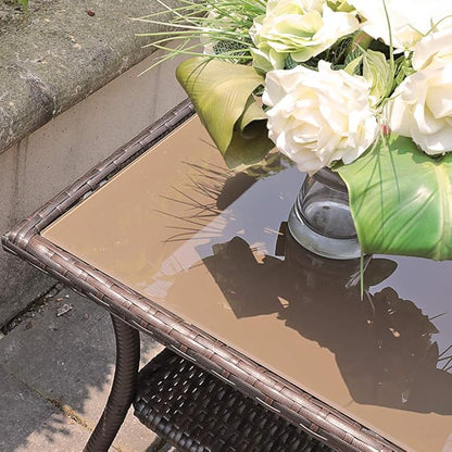 Super Patio Outdoor Side Table, 20" Square Wicker End Table, Tempered Glass Top Coffee Table with Storage, Aluminum Frame-Brown