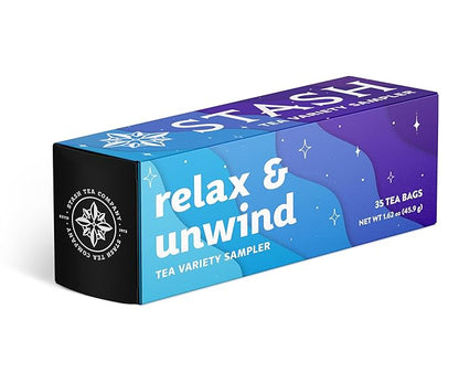 Stash Tea Relax and Unwind Tea Sampler - Assorted Specialty Tea Gift Set, Calming Herbal Teas to Support Relaxation, 7 Flavors, 35 Tea Bags